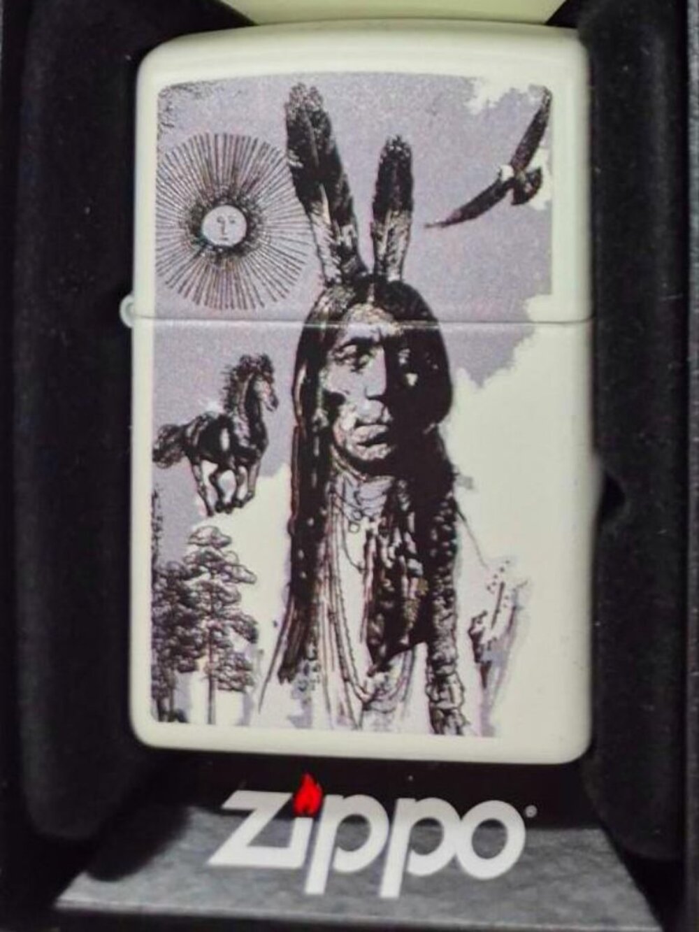White Matte Indian Native American Collage Zippo Lighter